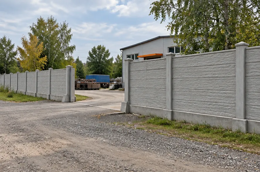 Сборное бетонное полотно между столбами у хозяйственного двора с открытым проездом. Пример для выбора забора в Уфе.